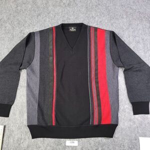 Tuscan Sweater Men L Merino Wool Blend Italy Black Red Gray Stripe V Neck Waffle